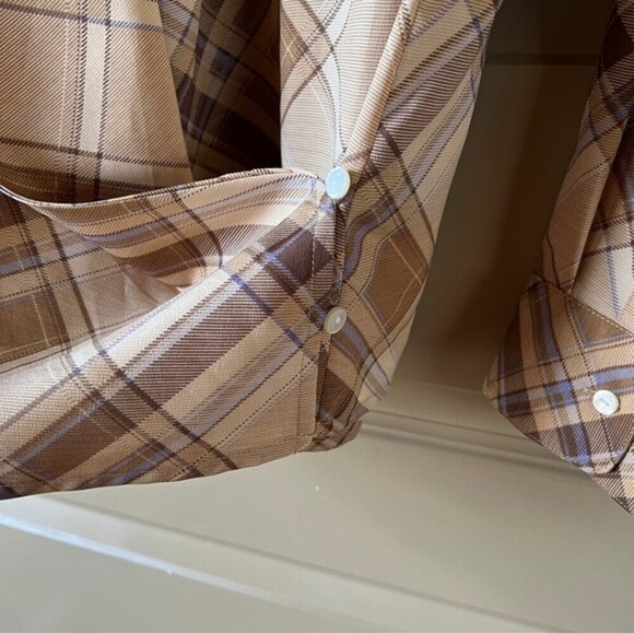Lauren Ralph Lauren Tan Blue Plaid Wrap Plaid Blouse Womens 1X Long Sleeve - Picture 4 of 12